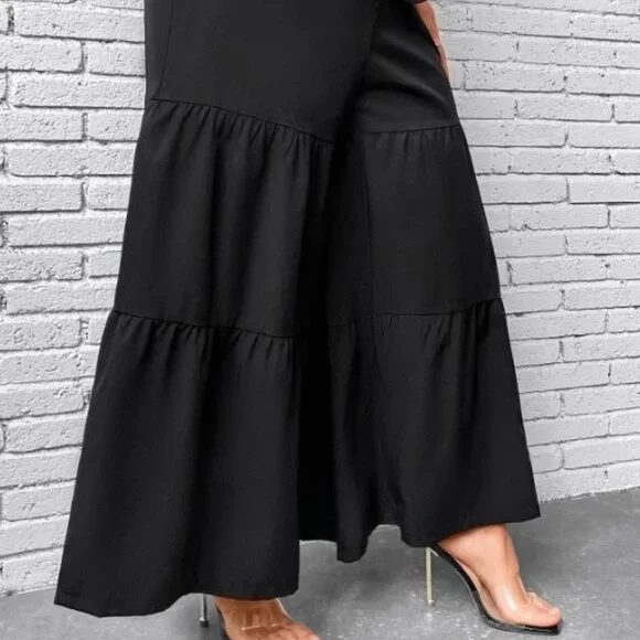 4X Plus Size Black Ruffle Hem Tie Front Wide Leg Pants - Picture 3 of 6